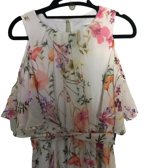 NEW Calvin Klein Cold Shoulder floral chiffon Maxi Dress with Self-sash Waist - Picture 8 of 12